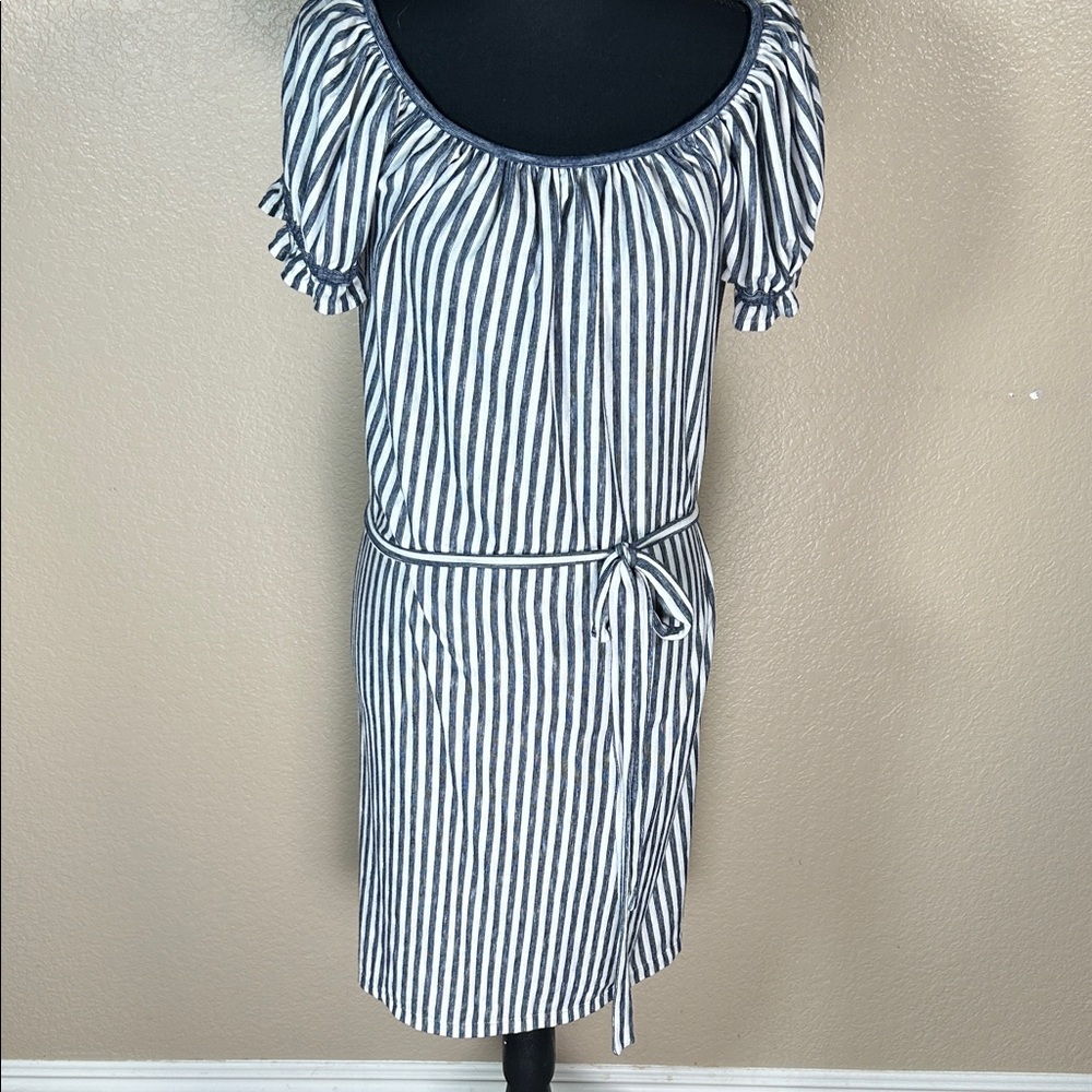 Max Studio Navy and White Striped Tie-Waist Midi Dress